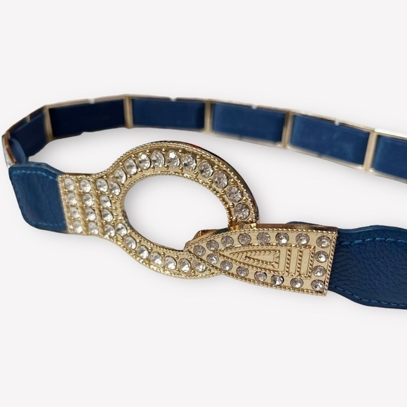 Vintage 80s Rhinestone Greek Key Blue Stretchy Belt - Picture 5 of 12